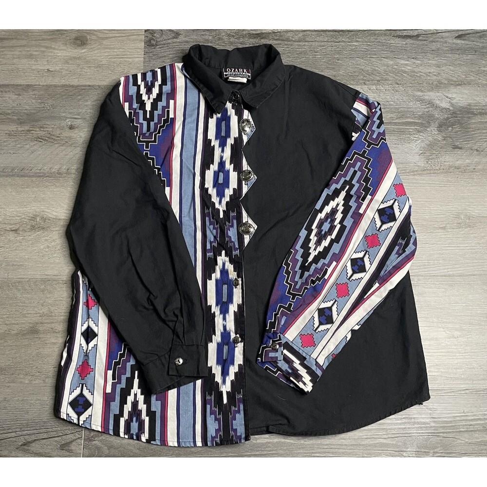 Vtg 90s Ozark Mountain Womens L Western Shirt Aztec Colorblock Concho Buttons